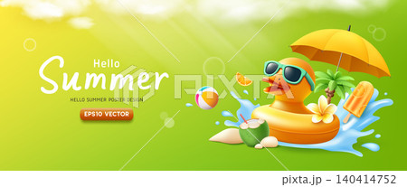 Summer banner design, Yellow rubber duck Wear sunglasses on the splashing water Summer banner design, Yellow rubber duck Wear sunglasses on the splashing water 140414752
