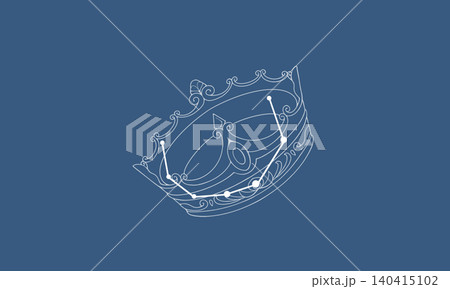 ネイビー色の背景に浮かぶかんむり座のイラスト(白線の王冠の絵と星座線) ネイビー色の背景に浮かぶかんむり座のイラスト(白線の王冠の絵と星座線) 140415102