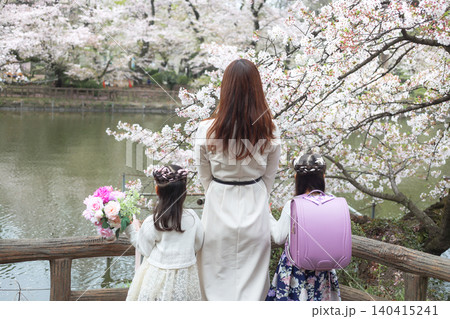 満開の桜と母親と姉妹の後ろ姿 春の入学シーズン 140415241