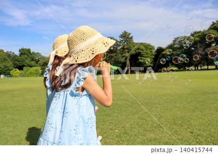 夏の公園でシャボン玉遊びを楽しむ姉妹の後ろ姿 140415744