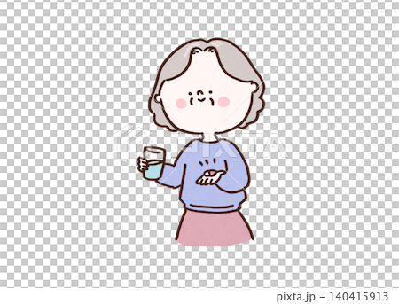 一位老年婦女手裡拿著一杯水和一顆藥膠囊,準備服用(藥物/治療)。 一位老年婦女手裡拿著一杯水和一顆藥膠囊,準備服用(藥物/治療)。 140415913