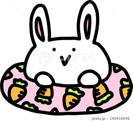 にんじん柄のうきわに入っている白うさぎ にんじん柄のうきわに入っている白うさぎ 140416046