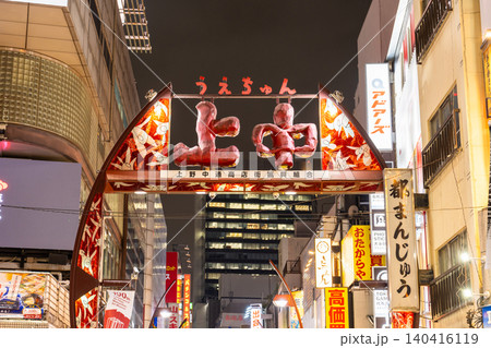 上野アメ横の夜景と賑わう商店街 140416119