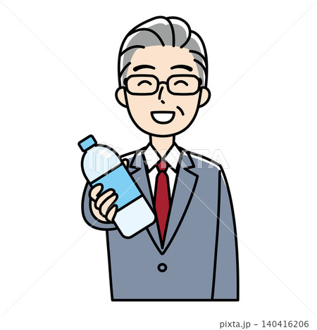 笑顔でペットボトルを差し出すスーツのベテラン男性のイラスト 笑顔でペットボトルを差し出すスーツのベテラン男性のイラスト 140416206