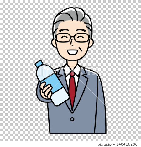 笑顔でペットボトルを差し出すスーツのベテラン男性のイラスト 笑顔でペットボトルを差し出すスーツのベテラン男性のイラスト 140416206