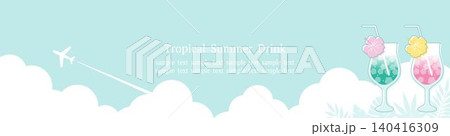 青空とトロピカルドリンクの爽やか夏フレーム 青背景 Webバナー用 140416309