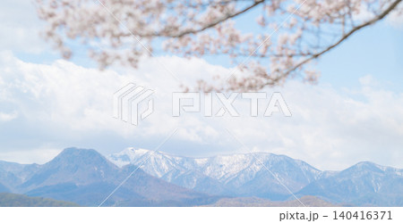 雪が残る山脈と桜を眺める 雪が残る山脈と桜を眺める 140416371