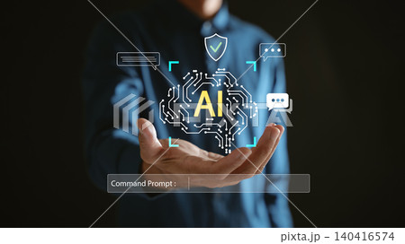 Ai artificial intelligence technology with smart robot brain glows in palm of man, featuring chat bubbles, shield and command prompt for advanced digital machine learning automation 140416574