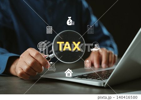 Tax income return online payment data analysis, tax calculation for government state taxes, magnifying glass, person using laptop for financial tax accounting management workflow Tax income return online payment data analysis, tax calculation for government state taxes, magnifying glass, person using laptop for financial tax accounting management workflow 140416580