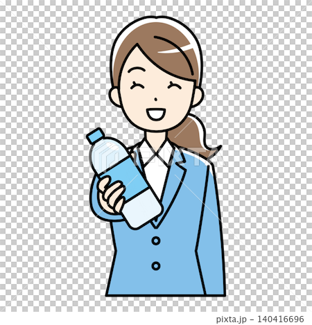 一幅插圖，描繪了一位身穿西裝的年輕女子麵帶微笑，遞上一個塑膠瓶。 140416696