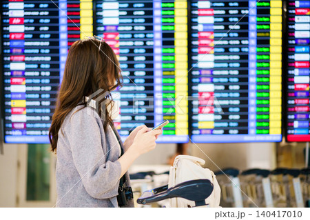 Asian woman holding passport and boarding pass while checking flight schedule. Asian woman holding passport and boarding pass while checking flight schedule. 140417010