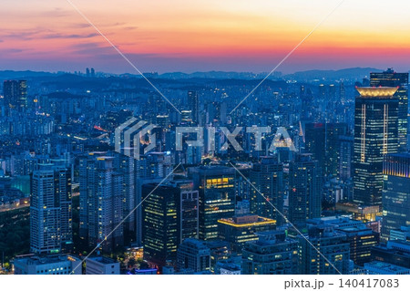 Stunning skyline of Yeouido financial district skyscrapers at sunset during early summer in Seoul, South Korea 140417083