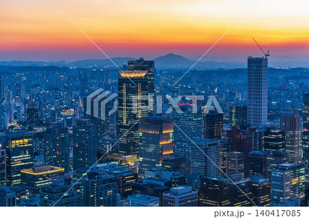 Stunning skyline of Yeouido financial district skyscrapers at sunset during early summer in Seoul, South Korea 140417085