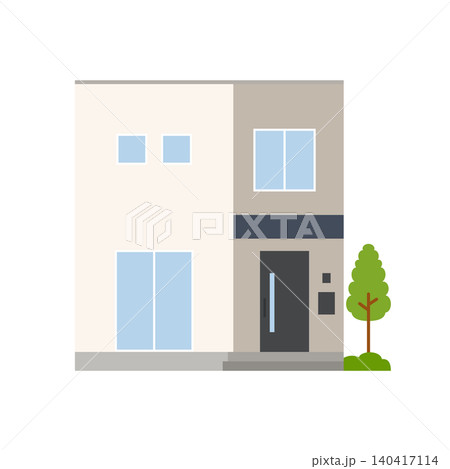 四角くスタイリッシュなキューブ型住宅の外観イラスト 140417114
