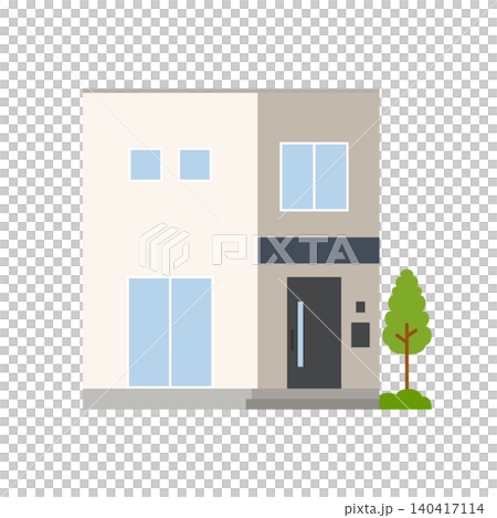 An illustration of the exterior of a stylish, square, cube-shaped house. 140417114