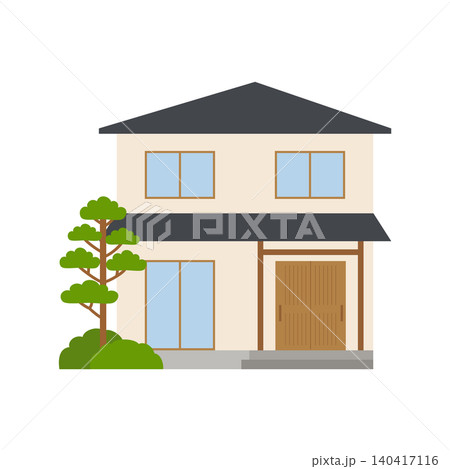 松の木と引き戸がある落ち着いた和モダンな二階建て住宅の外観イラスト 140417116