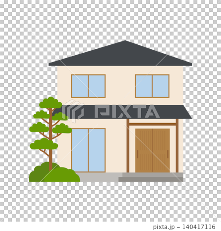 松の木と引き戸がある落ち着いた和モダンな二階建て住宅の外観イラスト 140417116