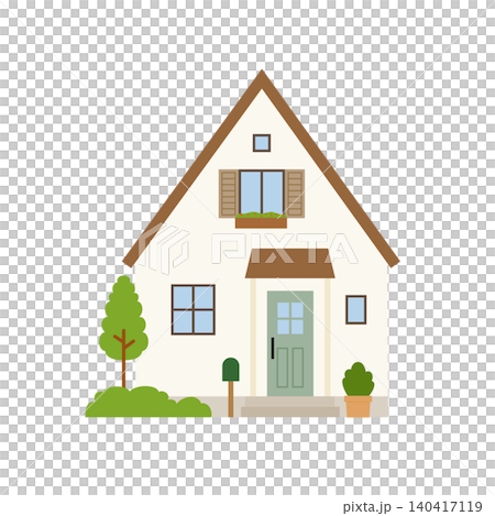 急勾配の三角屋根と緑のドアがかわいい北欧風住宅の外観イラスト 140417119