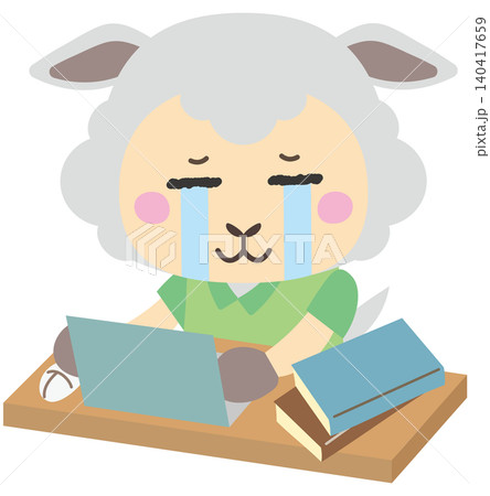 パソコン作業で困って涙を流す羊キャラクター パソコン作業で困って涙を流す羊キャラクター 140417659