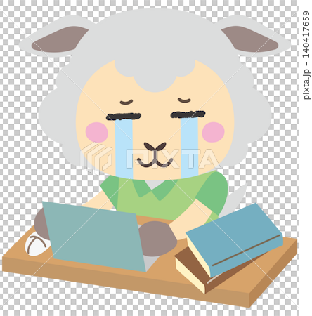 パソコン作業で困って涙を流す羊キャラクター パソコン作業で困って涙を流す羊キャラクター 140417659