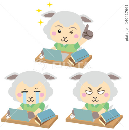 ひらめき・落胆・怒りの感情変化を表現するパソコン作業中の羊キャラクター3点セット ひらめき・落胆・怒りの感情変化を表現するパソコン作業中の羊キャラクター3点セット 140417661
