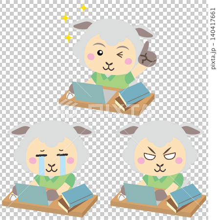 ひらめき・落胆・怒りの感情変化を表現するパソコン作業中の羊キャラクター3点セット ひらめき・落胆・怒りの感情変化を表現するパソコン作業中の羊キャラクター3点セット 140417661