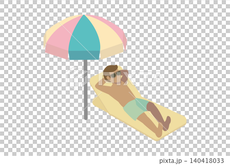 Isometric illustration of a man wearing sunglasses and sunbathing at a swimming pool/sea during summer. Isometric illustration of a man wearing sunglasses and sunbathing at a swimming pool/sea during summer. 140418033