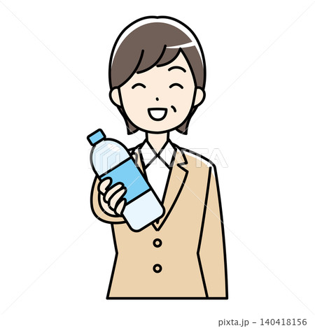 笑顔でペットボトルを差し出すスーツの中年女性のイラスト 140418156