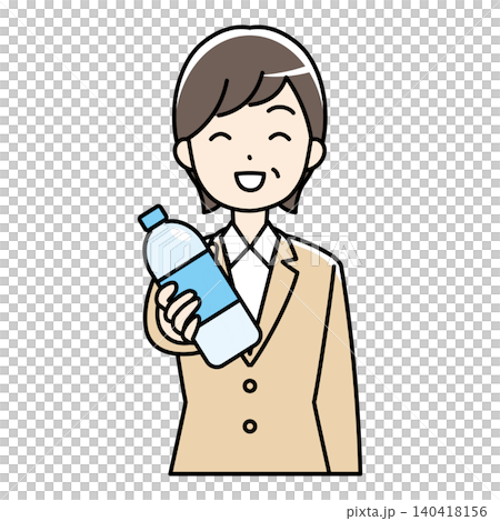 笑顔でペットボトルを差し出すスーツの中年女性のイラスト 140418156