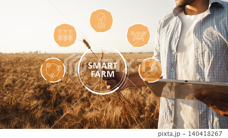 Smart farm technology helps farmer monitor crops using drone in golden wheat field Smart farm technology helps farmer monitor crops using drone in golden wheat field 140418267