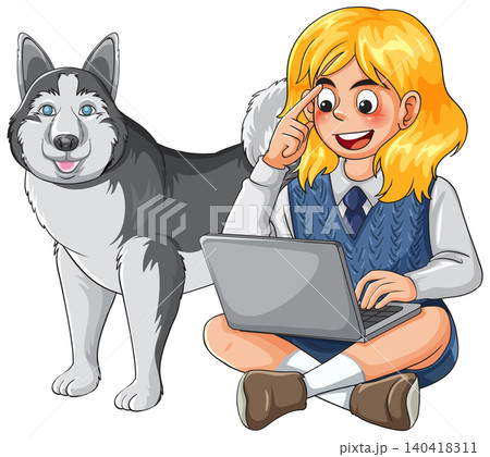 Young Student Using Laptop Computer While Sitting Next To Siberian Husky Young Student Using Laptop Computer While Sitting Next To Siberian Husky 140418311