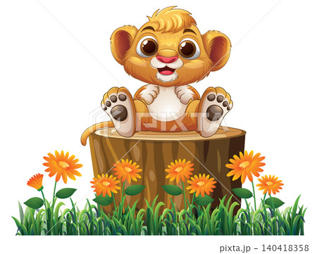 Cute Cartoon Baby Lion Cub Sitting on a Tree Stump Cute Cartoon Baby Lion Cub Sitting on a Tree Stump 140418358
