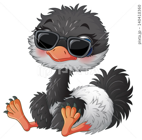 Cute Baby Ostrich Cartoon Character Wearing Sunglasses Sitting Down 140418360