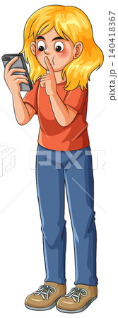 Curious Girl Concentrating on Smartphone Screen Illustration Curious Girl Concentrating on Smartphone Screen Illustration 140418367