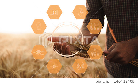 Smart farm technology helps farmers manage crops better in the field during sunset Smart farm technology helps farmers manage crops better in the field during sunset 140418409