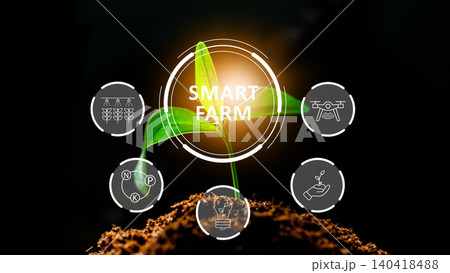 New technology supports growth in smart farm development at sunset New technology supports growth in smart farm development at sunset 140418488
