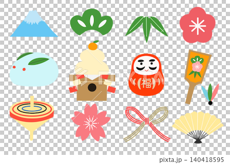 お正月のイラスト シンプルな かわいい新年の縁起物(鏡餅・だるま・富士山・松竹梅)の手描きセット お正月のイラスト シンプルな かわいい新年の縁起物(鏡餅・だるま・富士山・松竹梅)の手描きセット 140418595
