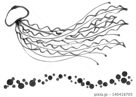 じんわりしたマーカーで描いたくらげと泡のラインセットモノクロ じんわりしたマーカーで描いたくらげと泡のラインセットモノクロ 140418705