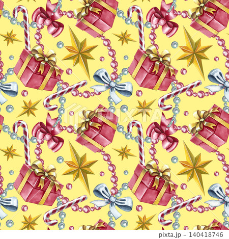 Seamless pattern with gift boxes, bows, beads, and other festive elements. Hand-drawn watercolor illustration. Yellow background. For textiles and home decor, wrapping paper, wallpaper, and more. 140418746