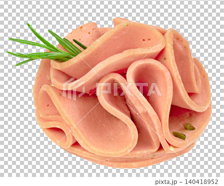 Thin slices of pink bologna sausage folded into a decorative pile with a fresh rosemary sprig, isolated. Professional food photography of cold cuts and deli meat. Thin slices of pink bologna sausage folded into a decorative pile with a fresh rosemary sprig, isolated. Professional food photography of cold cuts and deli meat. 140418952