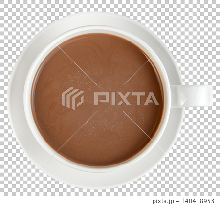 Top down view of a white ceramic cup on a saucer filled with rich hot chocolate or creamy coffee with milk. Isolated. Perfect for breakfast, morning beverage, or cafe themes. Top down view of a white ceramic cup on a saucer filled with rich hot chocolate or creamy coffee with milk. Isolated. Perfect for breakfast, morning beverage, or cafe themes. 140418953