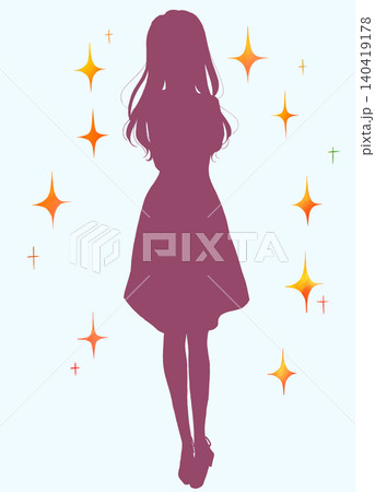 恥ずかしそうなワンピースの女性　キラキラ　シルエット 140419178