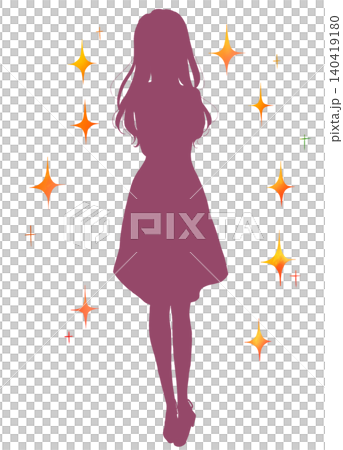 A woman in a dress, looking embarrassed, sparkling silhouette. A woman in a dress, looking embarrassed, sparkling silhouette. 140419180