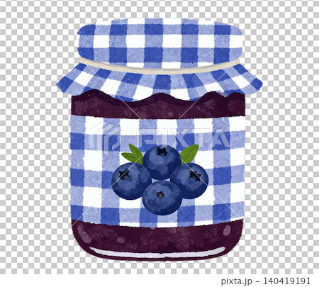 Hand drawn blueberry jam jar with gingham fabric lid and label 140419191