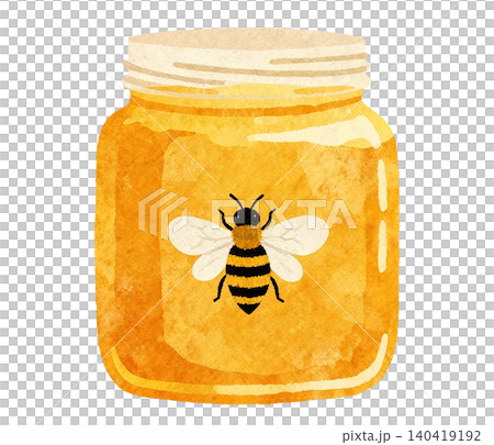 Watercolor jar filled with golden honey and a cute bee illustration Watercolor jar filled with golden honey and a cute bee illustration 140419192