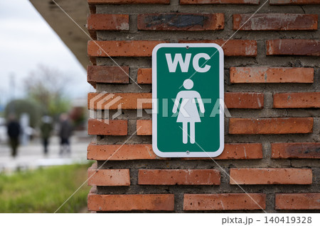 Green rectangular women's toilet sign mounted on a textured brick surface, blurred background Green rectangular women's toilet sign mounted on a textured brick surface, blurred background 140419328