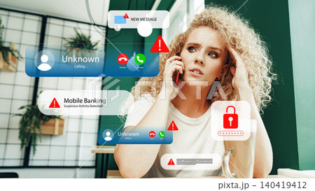 Scam call and message alert on mobile phone during a call with concern Scam call and message alert on mobile phone during a call with concern 140419412