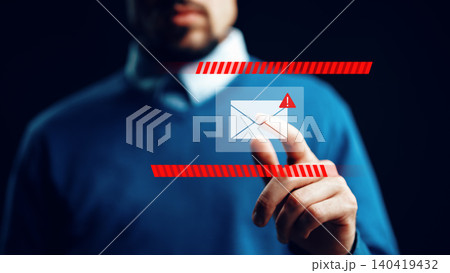 Scam call SMS message warning displayed on a digital screen in a dark room Scam call SMS message warning displayed on a digital screen in a dark room 140419432