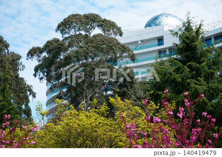 A contemporary white building with a glass dome viewed through pink blossoms and lush trees A contemporary white building with a glass dome viewed through pink blossoms and lush trees 140419479