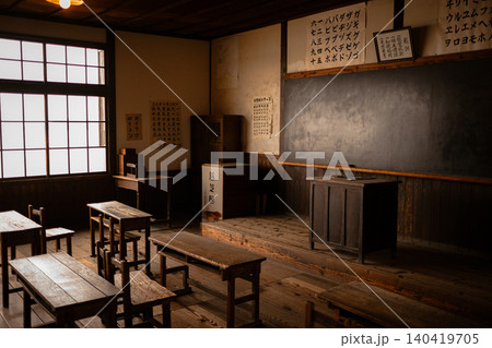 木造校舎 教室 学校 机 椅子 黒板 教壇 窓 レトロ 昭和 140419705